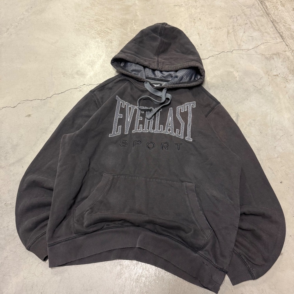 Everlast Sport Mens Hoodie Large Black Faded Pullover Embroidered Sweatshirt